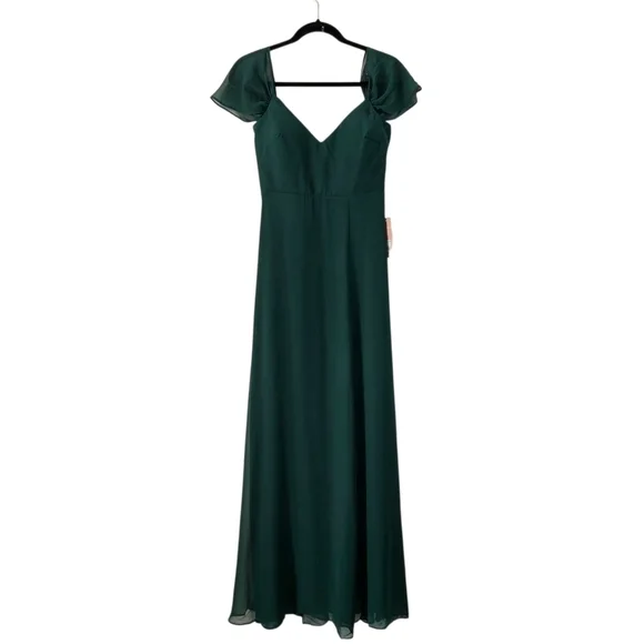 Birdy Grey Devin Chiffon Bridesmaid Gown Floor Length In Emerald NWT XS - Picture 3 of 12